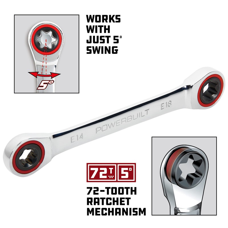 Powerbuilt 641761 Ratcheting Double Box-End E-Star Wrench - E14/E18, Silver