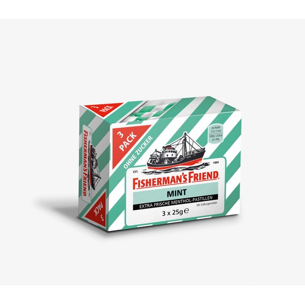 Fisherman's Friend Mint Storage Box, Peppermint and Menthol Flavour, Sugar-Free & Vegan, Sweets for Fresh Breath, 3 x 25 g