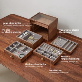 THFLSTR Black Walnut Jewelry Organizers and Storage,4 Layer Wooden Jewelry Boxes for Women,for Necklaces Ring Earring (4 Layer)