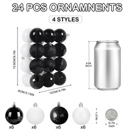 Christmas Baubles, 24 Pcs Xmas Baubles Christmas Decorations 6cm Hanging Christmas Balls Shatterproof Christmas Ornaments for Christmas Tree Home Festival Decoration(White and Black)
