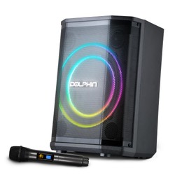 Dolphin Rechargeable Portable Bluetooth Party Speakers, 3D LED Ring Light, TWS, Wireless Microphone, and Multiple Playback Options, Easy-to-Carry, On-The-go, PA System, Karaoke-Ready