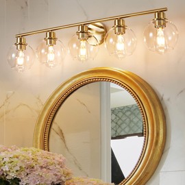 5-Light Gold Bathroom Light Fixtures, Bathroom Light Industrial Wall Sconce Over Mirror Bathroom Vanity Light Fixture with Glass Shades - Vanity Lights for Bathroom Farmhouse Bedroom Dressing Mirror