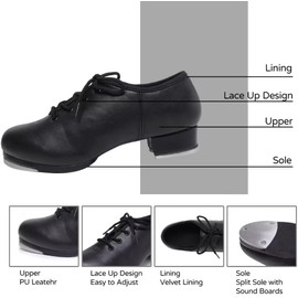 Tap Shoes for Woman: Leather Lace Up, Flat Heel Split Sole Girls Dance Shoe Black