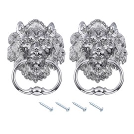 sourcing map 2 Pcs Lion Head Pulls Knob, 6 Inch Zinc Alloy Vintage Lion Door Handle Decorative Front Door Knob Ring Pull Handle for Gate Cabinets Drawers, Silver