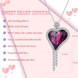 Crystal Necklace Love Heart Crystak Necklace Pendant for Women Purple Austrian Crystal Necklace Sterling Silver Large Angel Wing Necklace for Mother Fancy Crystal Jewelry Birthday Gift