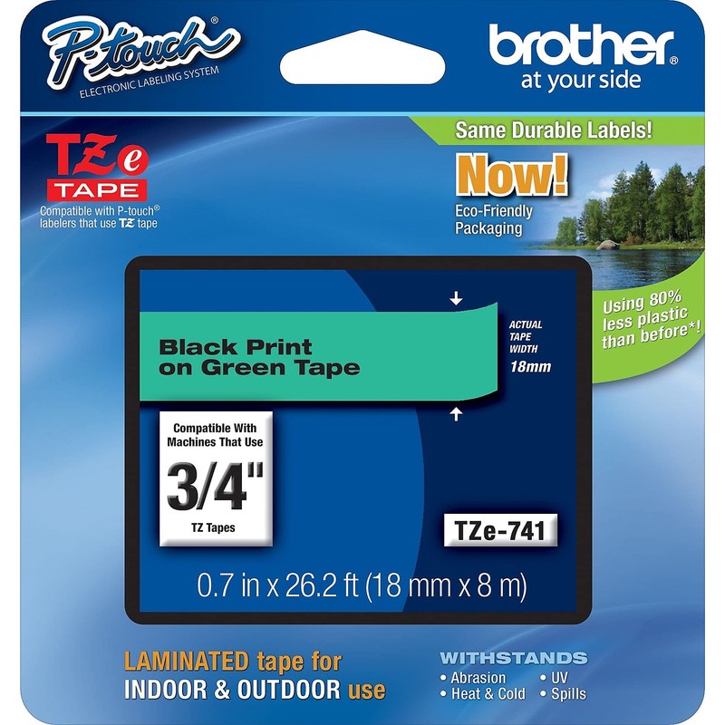 Brother Laminated Tape Black on Green, 18 mm (TZe741)