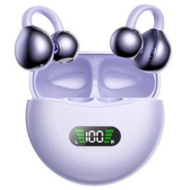 ABCDONG Open Ear Earbuds Bone Conduction Headphones Wireless Clip On Earbuds with Digital Display Charging Case 42 Hours Playtime Bluetooth 5.4 Sport Earphones Built-in Mic for Running Fitness Purple