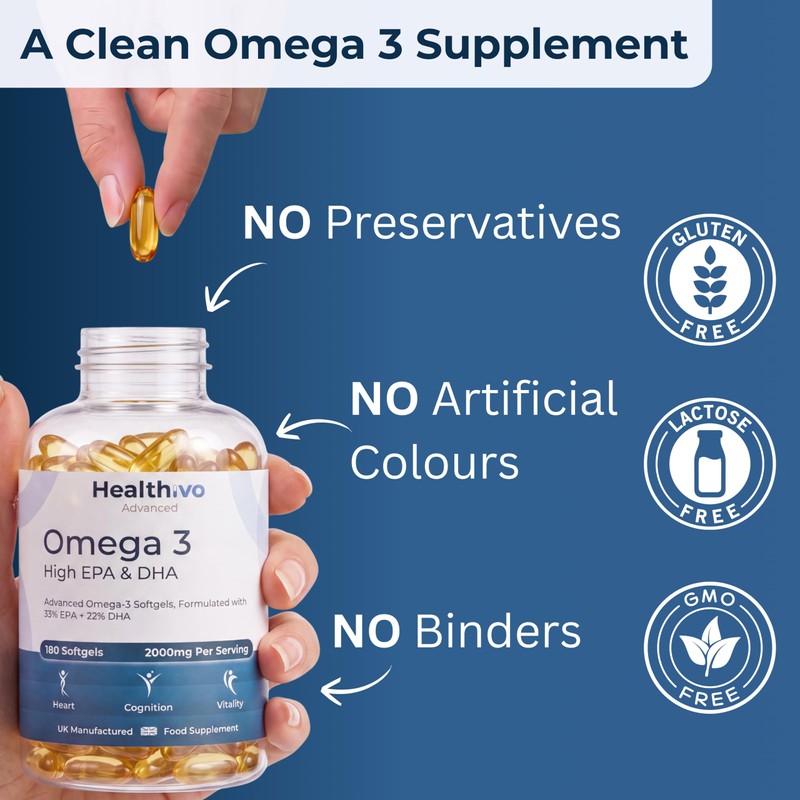 Healthivo® Omega 3 Fish Oil High-Strength 2000mg, UK Made -