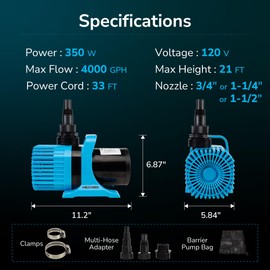 Hexago 4000GPH Submersible Water Pump, 350W Water Pond Pump with Barrier Bag, 33FT Power Cord, 21FT Lift Quiet Water Garden Pumps for Pond, Waterfall, Fountains, Fish Tank and Hydroponic, UL Listed