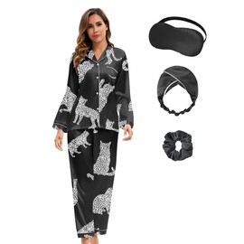 MORFORU Women Silky Satin Pajamas Set Long Sleeve Button Down Sleepwear with Eye Mask, Hairband, Hair tie (Leopard Cat Black,S)