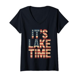 Womens It's Lake Time Patriotic American Flag USA 4th of July V-Neck T-Shirt