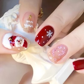 24 Pcs Christmas Press on Nails Short Square Santa Claus Fake Nails Winter Snowflakes False Nails Christmas Tree Acrylic Nails Glue on Nails Xmas Artificial Nails for Women Nail Design Decoration
