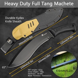 HX Outdoors 14 Inch Bush Machete Kukri Knife, Premium D2 Steel Full Tang Gardening Machete Knife with Kydex Sheath for Outdoor, Camping, Clearing Brush (Black)
