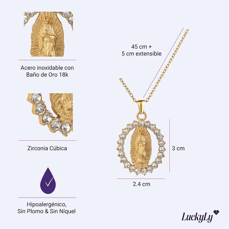 LuckyLy Collares para Mujer Oro 18K Virgen Guadalupe Regalos Mamá