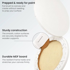 ARTEZA Round Stretched Canvas, 12 Inch Diameter, Pack of 6, Blank White Canvas Boards for Acrylic, Oil and Gouache Painting