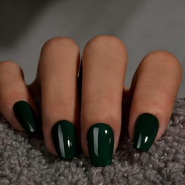 SXVME Uñas postizas cortas a presión, color verde bosque, con pegamento, brillantes, sencillas, cuadradas, de gel suave natural para mujer, reutilizab