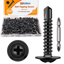 weideer 200pcs #8×3/4" Self Tapping Screws for Metal, Sheet Metal Screws, 410 Stainless Steel Black Oxide Truss Head Screw,Self Drilling Screws,Quick Tapping Screw with Screwdriver Bit