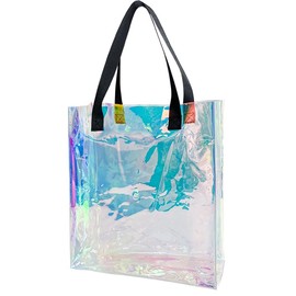 TotePrint Waterproof Holographic Transparent Handbag Laser Bag Girls Beach Bag PVC Shopping Bag for Sports, Work, Safety Travel, Stadium or Concert, Black handle, Modern