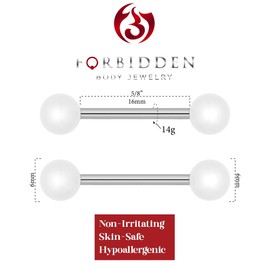 Forbidden Body Jewelry 14g 16mm (5/8 Inch) Hypoallergenic Titanium White Double Ball Nipple & Tongue Ring Barbells