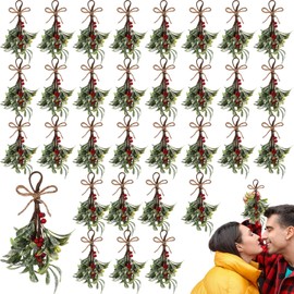Knitgrip 32 Pcs Christmas Mistletoe Decor Artificial Mistletoe Picks Snowy Berry Branches 8.66 Inch Hanging Ornament Glitter Rustic Christmas Tree Decorations