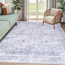BNUNWISH Bohemian Area Rugs 8' x 10' Foldable Non Slip Carpet Ultra Soft Low Pile No Shedding Vintage Mat for Living Room Bedroom Dining Office, Griege