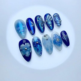 Press on Nails Short Almond RIICFDD Dark Blue Fake Nails Shell False Nails with 3D Bow Flower and Butterfly Designs Stick on Nails Glossy Glue on Nails Acrylic Nails for Women Girls 24 Pcs