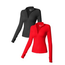 OQQ Womens 2 Piece Long Sleeve Tops Stand Neck Front Zipped Stretch Fitted Underscrubs Tee Shirts Tops Black Red