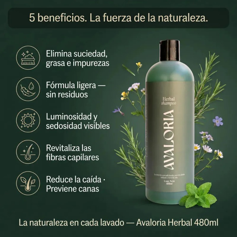 Shampoo Avaloria Botánico Anticaída y Crecimiento Natural 480 ml, sin