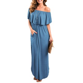 Sarin Mathews Womens Dresses Off The Shoulder Summer Ruffle Party Dresses Side Split Beach Long Maxi Dress with Pockets FogBlue L