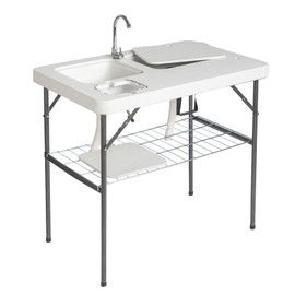 FRITHJILL Portable Fish Cleaning Camp Table, Outdoor Folding Fish Fillet Cleaning Station with Dual Water Basins
