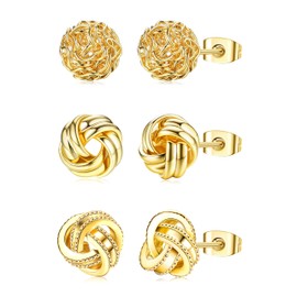 Roheafer 3 Pairs Gold Earrings for Women Girls 14K Gold Plated Woven Ball Stud Earrings Love Knot Post Earrings for Sensitive Ears