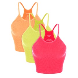 ODODOS Women's Crop 3-Pack Washed Seamless Rib-Knit Camisole Crop Tank Tops, Long Crop, Neon Pink Green Orange, X-Small/Small