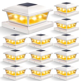 APONUO Solar Post Cap Lights, 2 Lighting Modes 16 LEDs Fence Post Solar Lights for 4x4 5x5 6x6 Wooden/Vinyl Posts, Outdoor Waterproof Deck Posts Light Solar Powered for Fence Deck Patio White 12 Packs