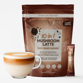 10-in-1 Instant Mushroom Coffee Latte - Brazilian Dark Roast Mushroom Coffee Instant - Mushrooms Latte Drink Blend with Lions Mane, Reishi, Chaga, 15 Packets - Serve Hot or Iced - MATCHA DNA