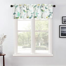 VOGOL Country Style Curtains Valances, Green Birds Pattern Faux Linen Valance for Farmhouse French Door, Vivid Leaf Flower Print Window Treatment, 42 x 12 Inches, 1 Panel