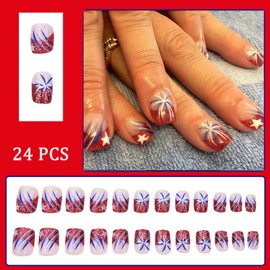 Independence Day Fireworks Press on Nails Short square Fake Nails Red Glitter French tips False Nails 4th of July Glue on Nails Glossy Artificial Patriotic Stars for Women Nails Decoration 24Pcs