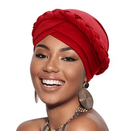 DRESHOW 1 Piece African Women's Turban Braid Headwear Headscarf Chemo Cap Pre-Tied Beanie Hat Head Wrap Sleep Hat, 1 x twisted braid: red