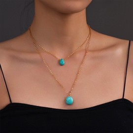 Ximdble Vintage Layered Turquoise Pendant Necklace Oval Turquoise Choker Necklace Blue Teardrop Stone Choker Necklace Blue Stone Bead Necklace for Women