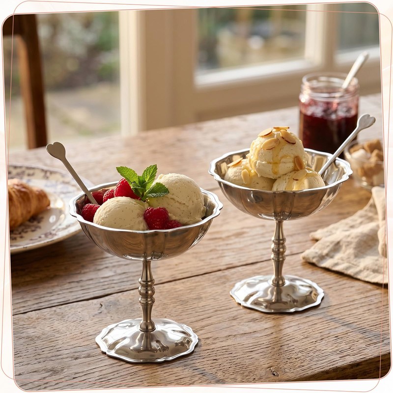 Reallnaive 4 Set Stainless Steel Ice Cream Cup with Forks