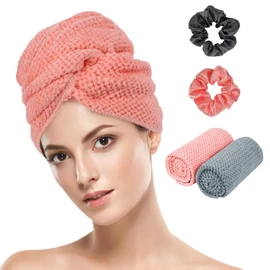 AOOWU Hair Turban Towel, Pack of 4 Turban Hair Drying Towel Hair Turban with Button, Head Scarf Towel for Long Hair, Quick-Drying Microfibre Towel Hair Towels, Hand Towels, 100 x 60 cm