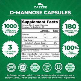 Zazzee D-Mannose, 1000 mg per Serving, 180 Vegan Capsules, 3 Month Supply, Potent & Fast-Acting, Certified Kosher, 100% Pure, All-Natural Urinary Tract Health Support, 100% Vegetarian, Non-GMO