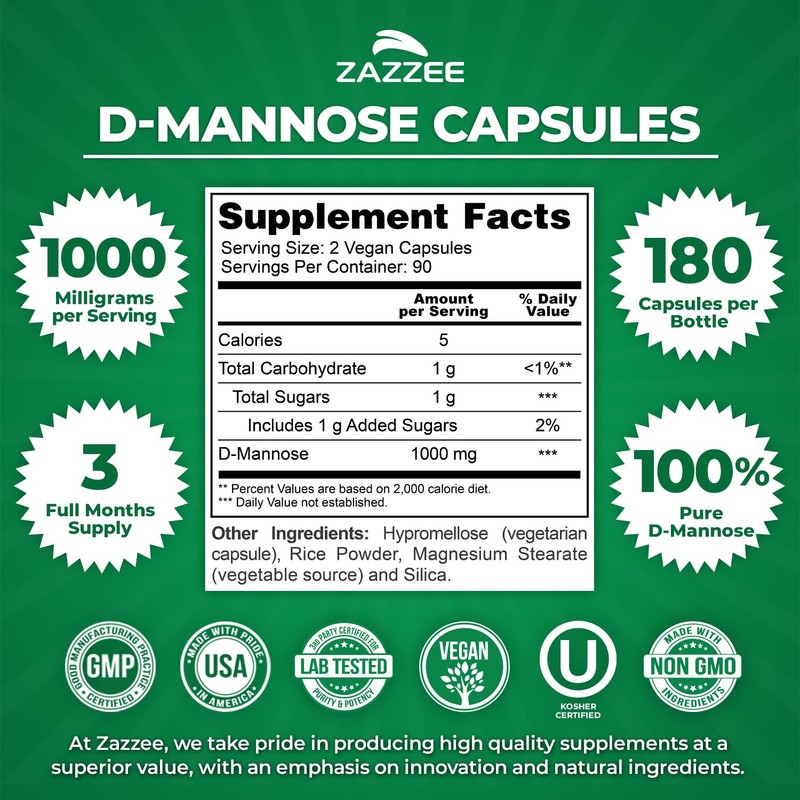 Zazzee D-Mannose, 1000 mg per Serving, 180 Vegan Capsules, 3