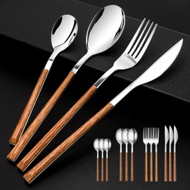 Stainless Steel Flatware Set for 4, Cutlery Utensils Set with Simulated Wooden Handle Include Knives Forks Spoons Service for 4, Mirror Polished and Dishwasher Safe (Silver)