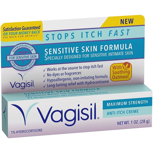 Vagisil Maximum Strength Feminine Anti-Itch Cream for Women, Sensitive Skin Formula with Hydrocortisone, Helps relieve Yeast Infection Irritation, Gynecologist Tested, Soothes and Cools, 1 oz