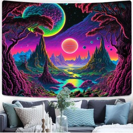 FENDROM Blacklight Galaxy Space Tapestry UV Reactive Astronaut Tapestry Trippy Aesthetic Wonderland Planet Wall Hanging Fantasy Neon Starry Night Posters Decor for Home Decor