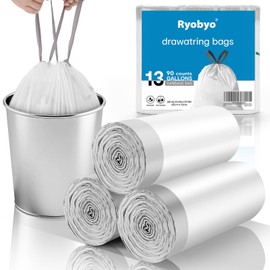 Ryobyo 13 Gallon Trash Bags Drawstring- 90 Counts Medium Trash Bag Extra Strong, Medium Garbage Bags 13 Gallon Unscented, Stretchy, Quick Cinch for Office Kitchen, White