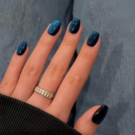 KQueenest Baby Blue Cat Eye Press on Nails Short, 30 Pcs Summer Press on Nails Square, Sparkly Glitter Black Fake Nails Press on Short, Reusable Chrome Soft Gel Glue on Nails for Women