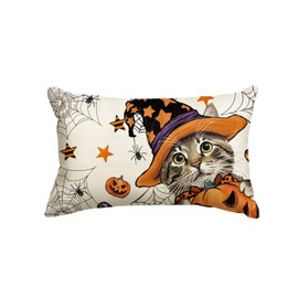 Artoid Mode Cat Jack-O-Lantern Pumpkin Spider Web Halloween Cushion Cover, 30x50 cm Decorative Pillow Case Cover Sofa Living Room Outdoor Decor
