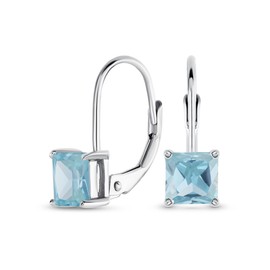 Classic Bridal Princess Cut Aqua Blue Cubic Zirconia Solitaire Square AAA CZ Leverback Earrings For Women .925 Sterling Silver