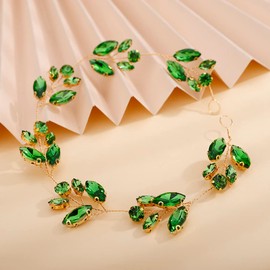 Teyglen Crystal Bride Wedding Headband Hair Vine Bridal Green Rhinestone Headband Handmade Hair Pieces Wedding Hair Accessories for Brides Vintage Headpieces for Women Girl (Green)